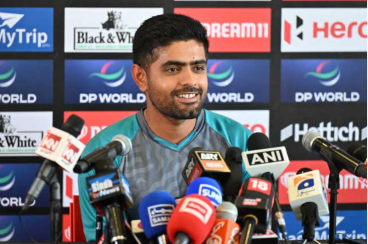 Pakistan captain Babar Azam during a press conference in Dubai on Saturday. (Photo by M. Sajjad)