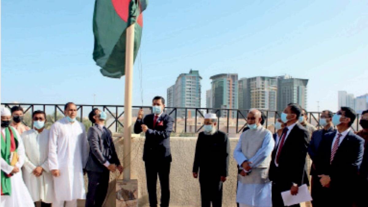 Bangladesh Ambassador to the UAE Mohammad Abu Zafar hoists the national flag during the country's 50th Independence Day celebration at the embassy in Abu Dhabi.