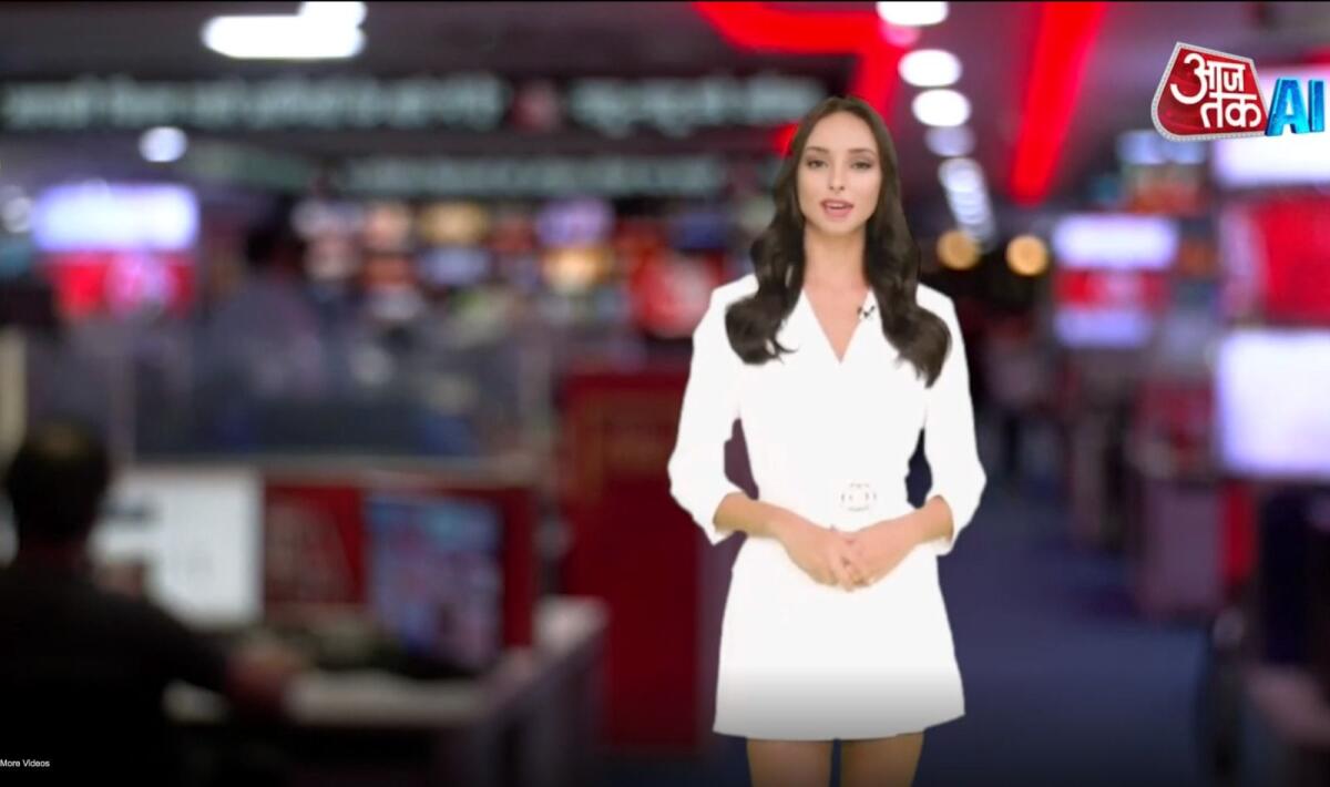A screengrab of India's Aaj Tak channel AI anchor Sana, who presents news bulletins, horoscopes, weather and sports updates in English, Hindi and several regional languages.