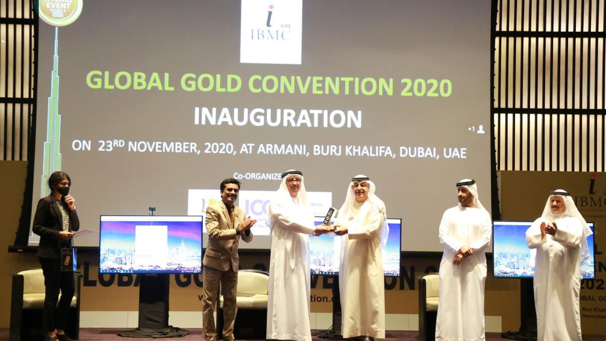 Humaid Ben Salem and Sajith Kumar PK at Global Gold Convention 2020, along with Dr Mohammed Saeed Al Kindi, Rashid Al Noori, Anoop PS and Khalifa Al Qubaisi. — Supplied photo