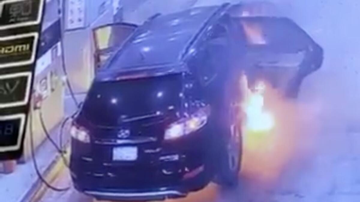 car catches fire, saudi, petrol pump, car, fire, saudi