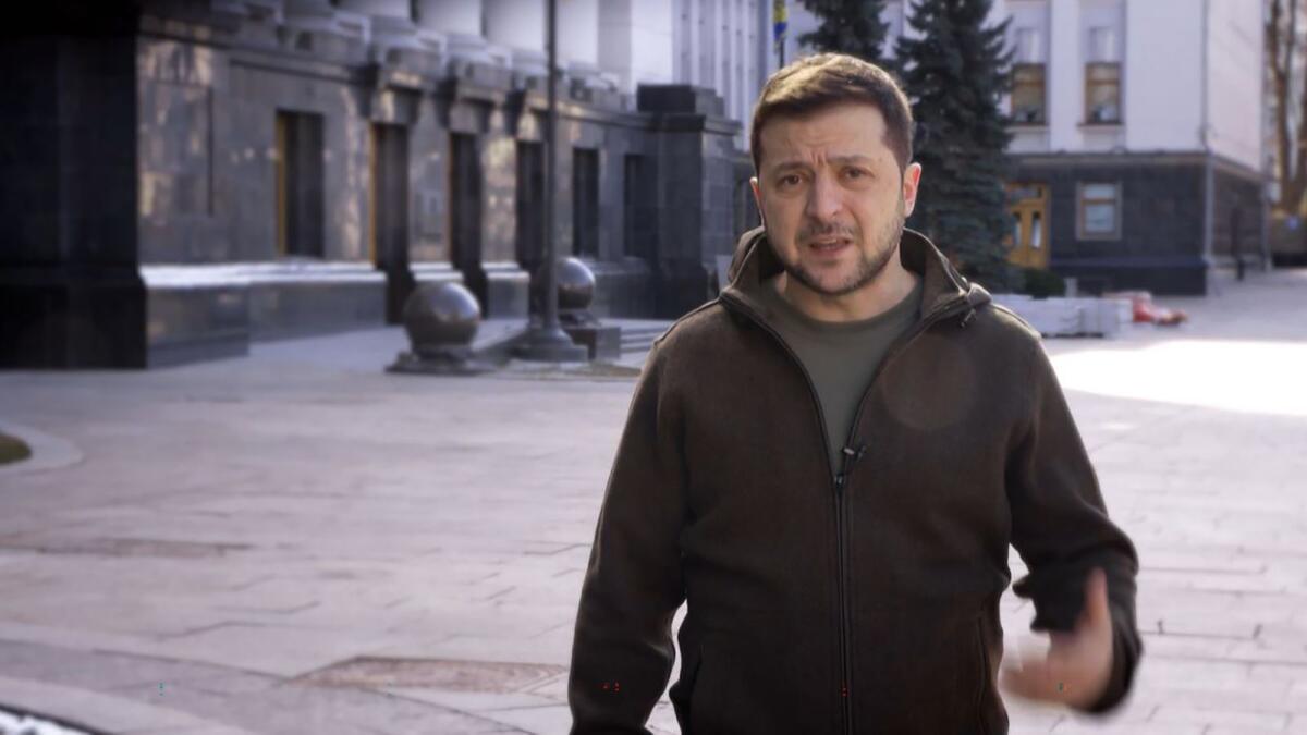 In this handout video grab taken from a footage released by the Ukrainian Presidency, Ukrainian President Volodymyr Zelensky speaks face camera in a street of Kyiv on March 11, 2022. Photo: AFP