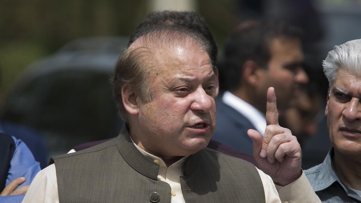 Nawaz Sharif speaks to reporters outside the premises of the Joint Investigation Team, in Islamabad.- AP