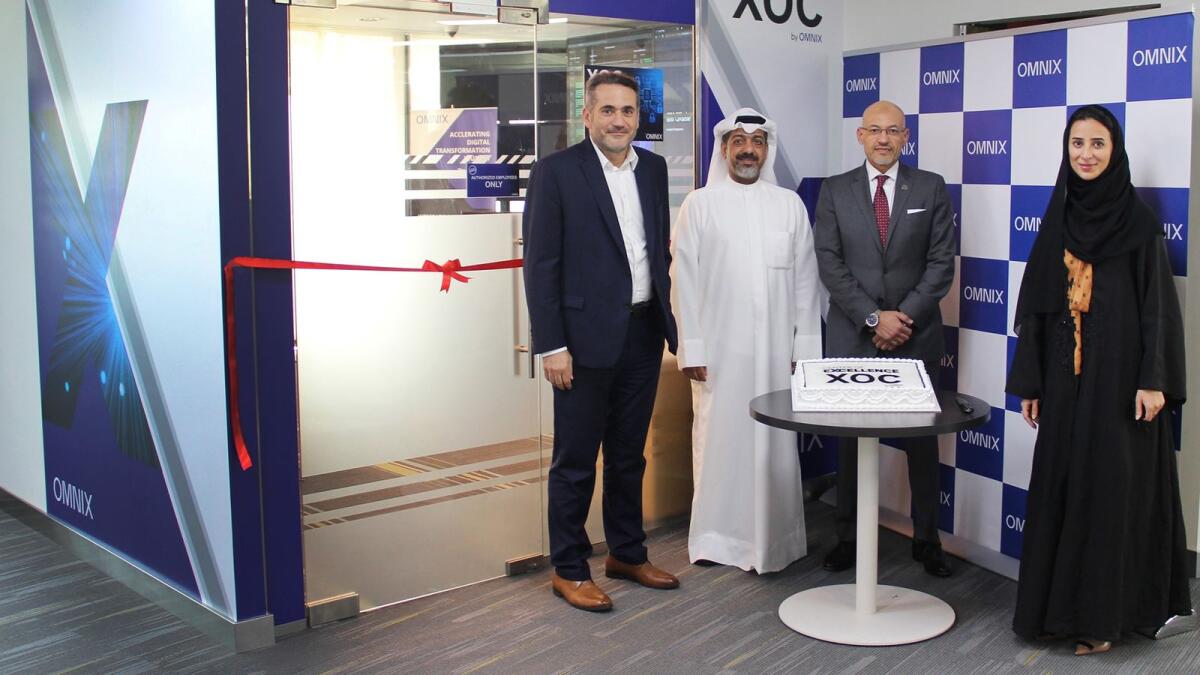 Henry Azoury,  Smart Infrastructure Director, Yaqoub Khajah, Vice-Chairman, Walid Gomaa, Acting CEO and Naama Al Nsour, Vice President – Internal Control, Risk &amp; Compliance of Omnix International at the launch of the XOC.