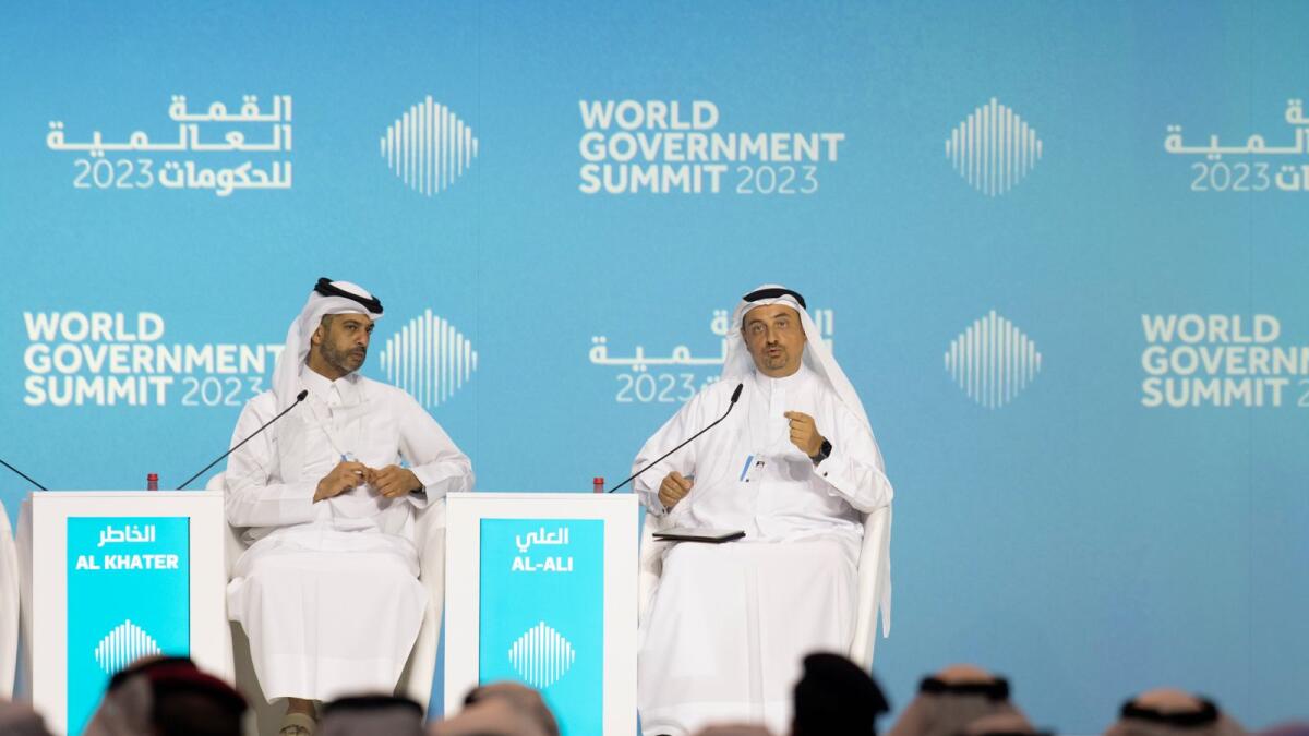 Nasser Al-Khater, Chief Executive Officer, FIFA World Cup Qatar 2022, and Najeeb AlAli, Executive Director, Expo 2020 Bureau, speak at the World Government Summit on Wednesday. -  Photo by Shihab