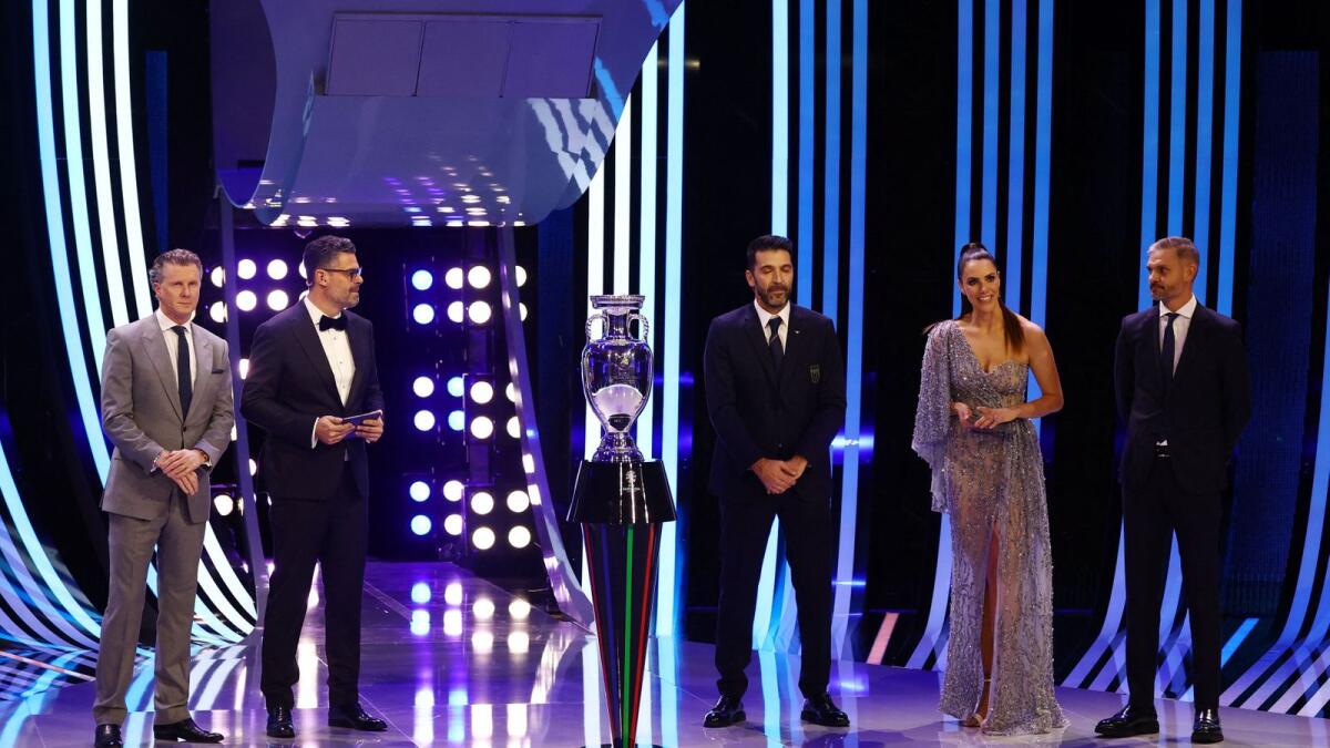 Presenter Esther Sedlaczek and Pedro Pinto, Steve McManaman and Gianluigi Buffon before the UEFA Euro 2024 Final Draw. - Reuters