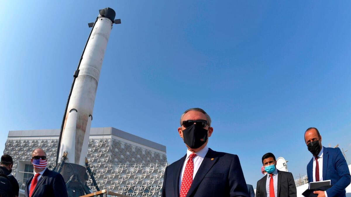 US ambassador to the UAE, John Rakolta (C), attends the unveiling of the US pavilion at the Dubai Expo 2020 site, on November 18, 2020.  AFP