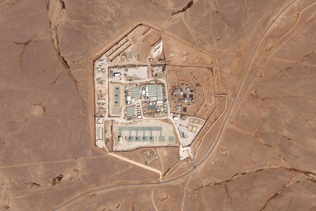 This satellite photo from Planet Labs PBC shows a military base known as Tower 22 in northeastern Jordan on October 12, 2023. — AP