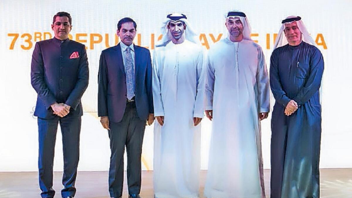 (From left) Dr. Aman Puri, Consul General of India in Dubai and NorthernEmirates; Sunjay Sudhir; Dr. Thani bin Ahmed Al Zeyoudi, UAE Minister ofState for Foreign Trade, with other guests during the 73rd Indian Republic DayReception hosted at the Expo 2020 Dubai.
