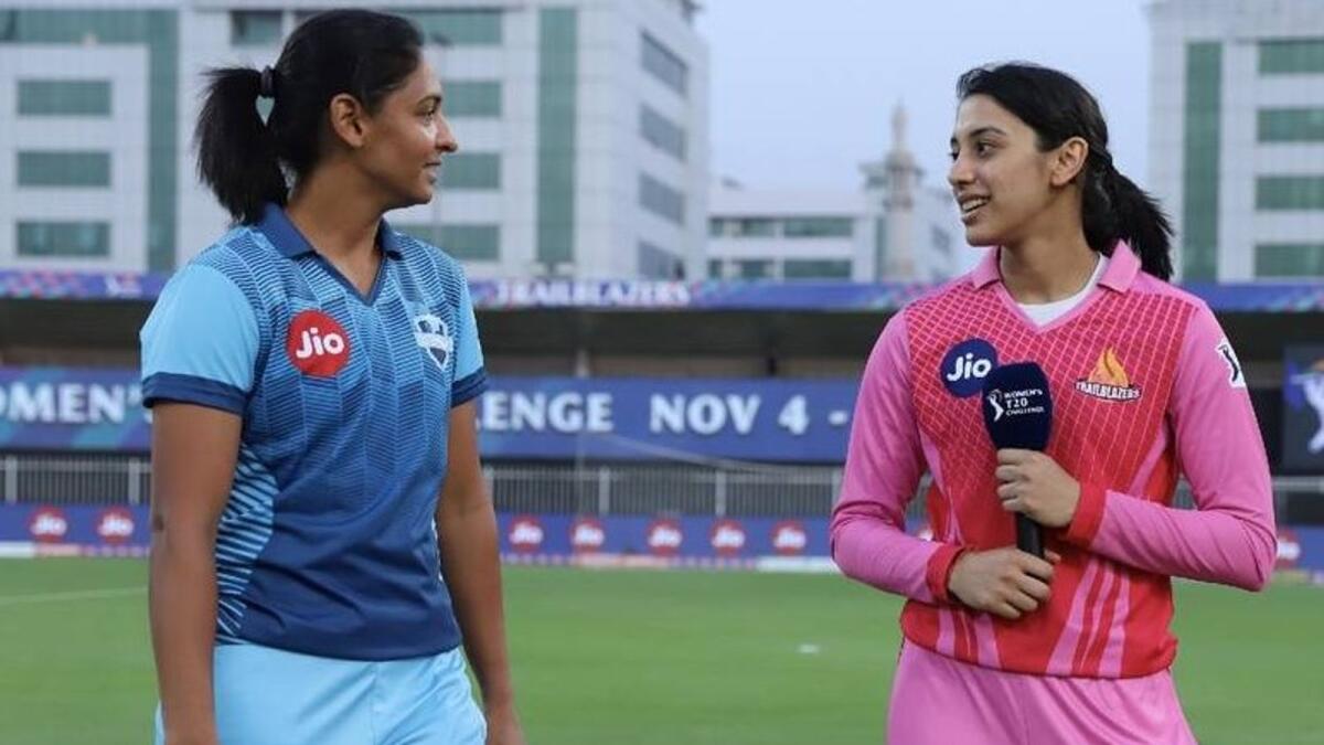 Harmanpreet Kaur of Supernovas and Smriti Mandhana of Trailblazers during the Jio Women's T20 Challenge match at the Sharjah Cricket Stadium on November 7, 2020. (BCCI)