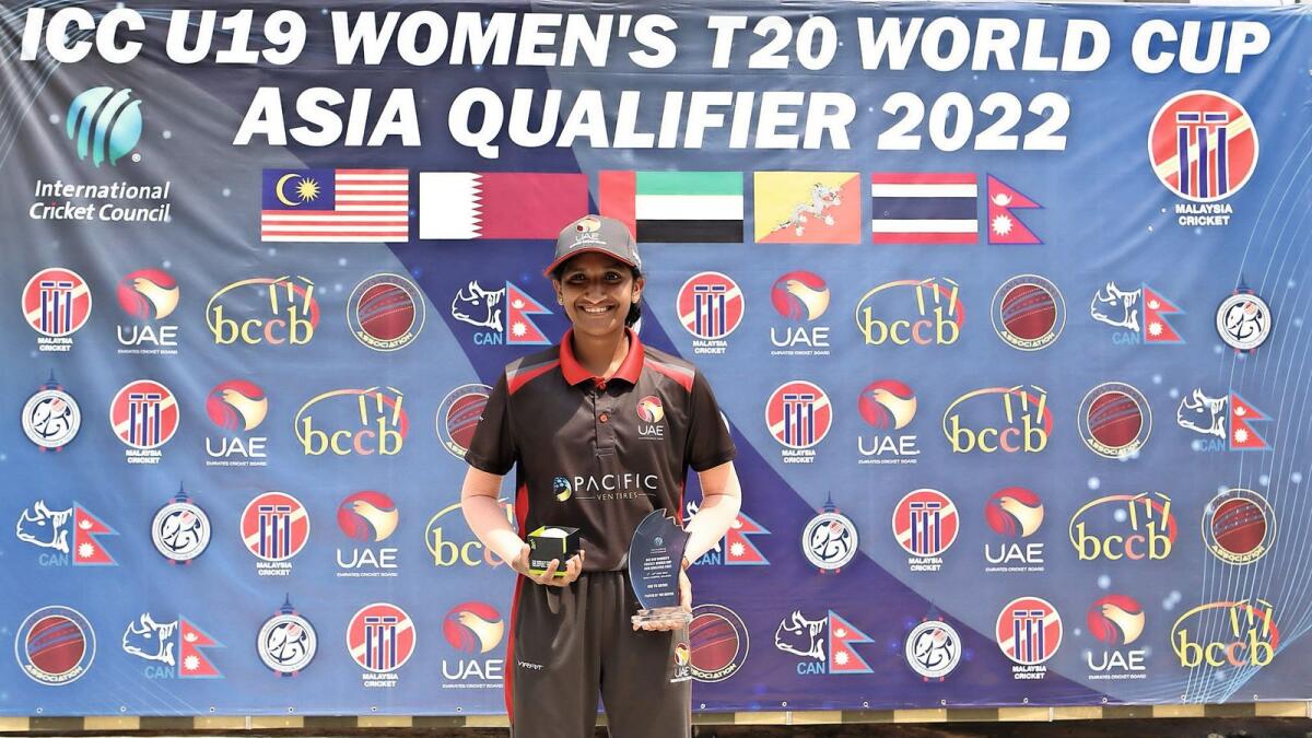 Spinner Archara Supriya with the Player of the Match award on Tuesday. — Malaysia Cricket Twitter