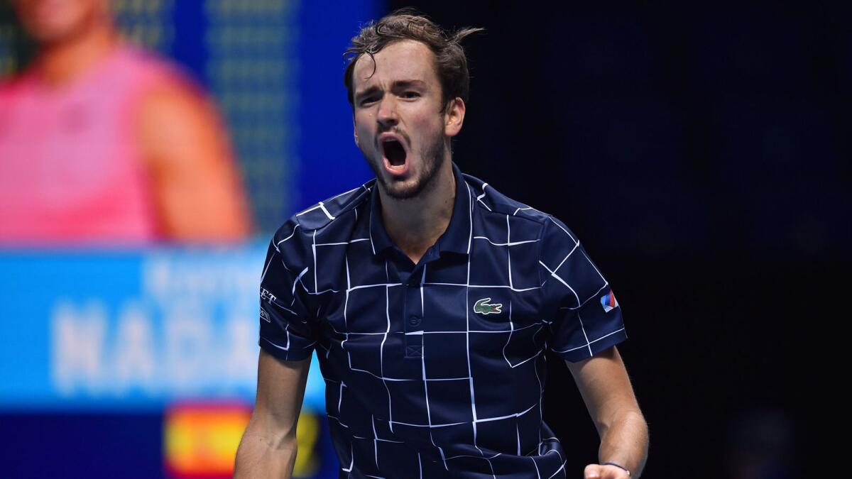 Russia's Daniil Medvedev reacts to breaking the serve of Spain's Rafael Nadal in the third set during their men's singles semifinal match on day seven of the ATP World Tour Finals. — AFP
