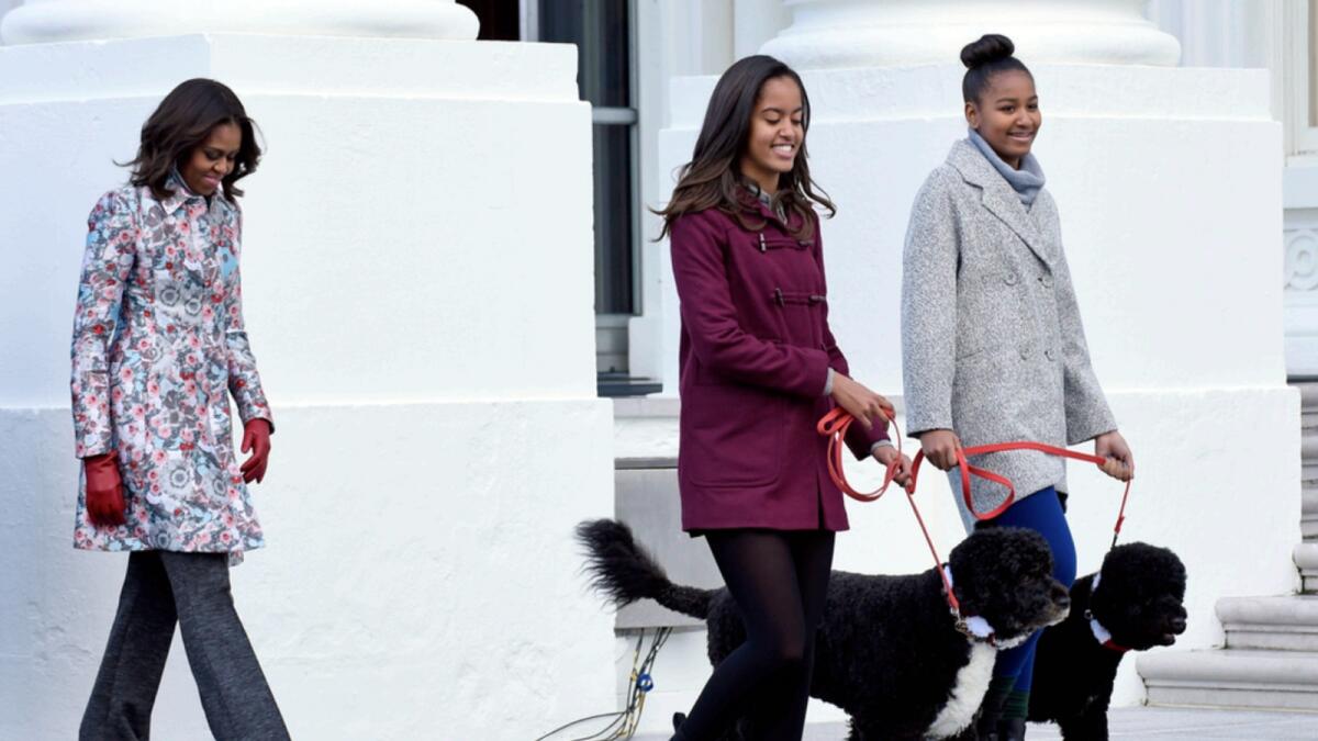 Michelle Obama follows her daughters Malia Obama, holding the leash for Bo, (centre), and Sasha Obama, holding the leash for Sunny, as they arrive to welcome the Official White House Christmas Tree in 2014. — AP file