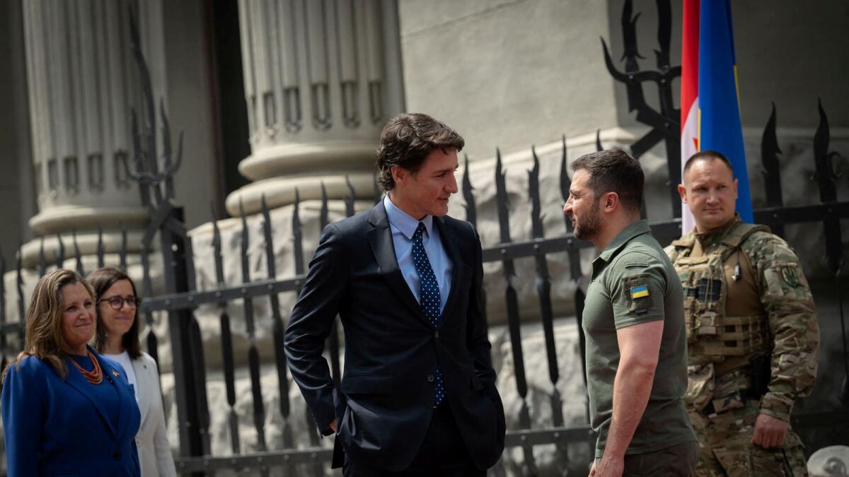 Ukraine's President Volodymyr Zelensky welcomes Canadian Prime Minister Justin Trudeau in Kyiv.  — Reuters