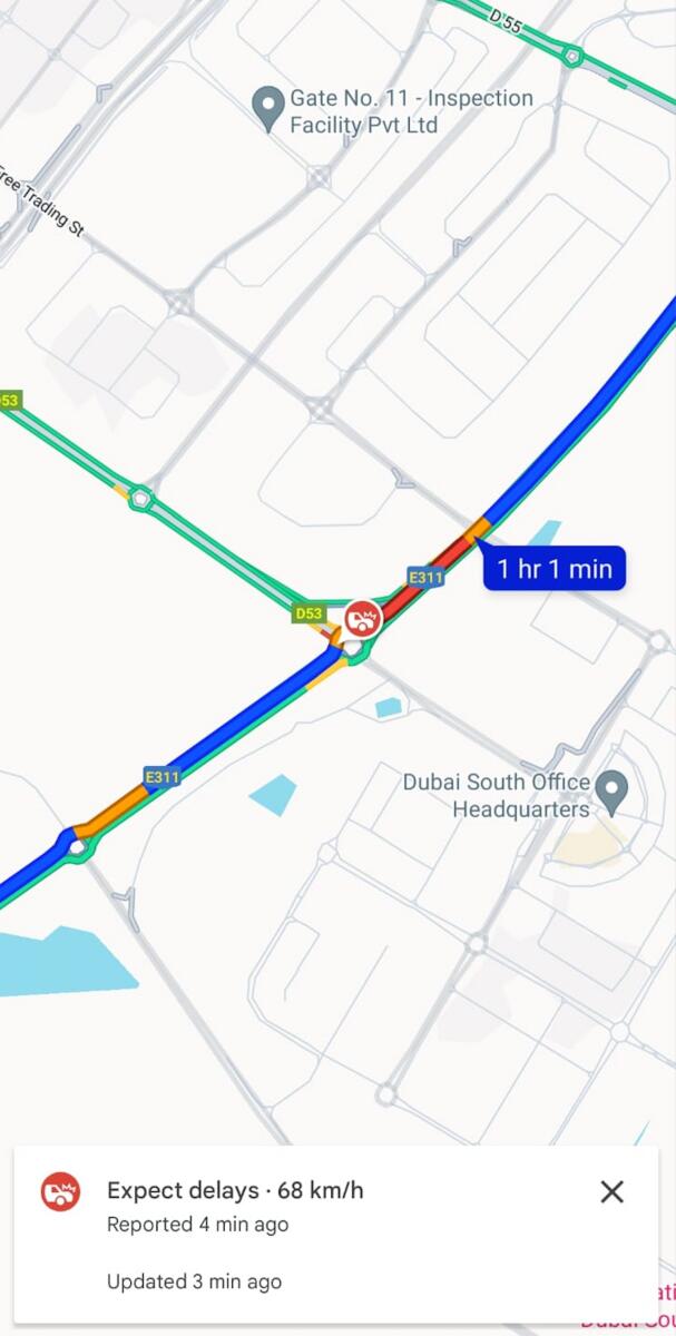 Delays on Al Fayah Truck Road as per Google Maps