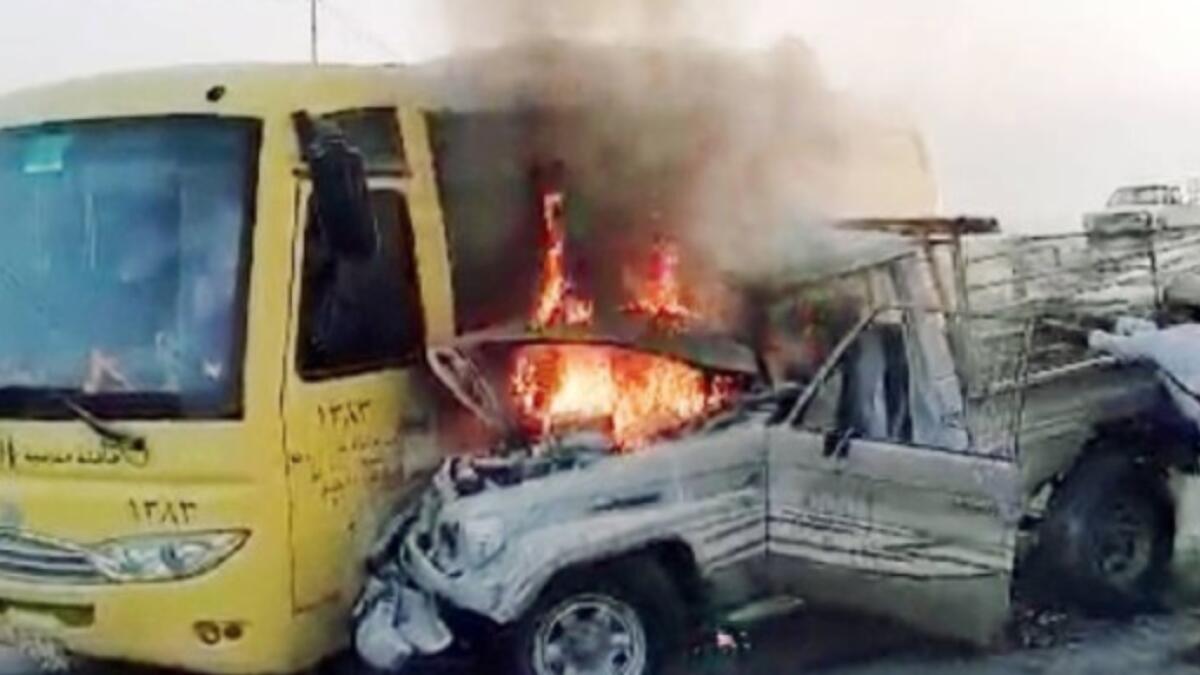 school bus accident, school bus catches fire, saudi arabia accident, road accident, traffic accident