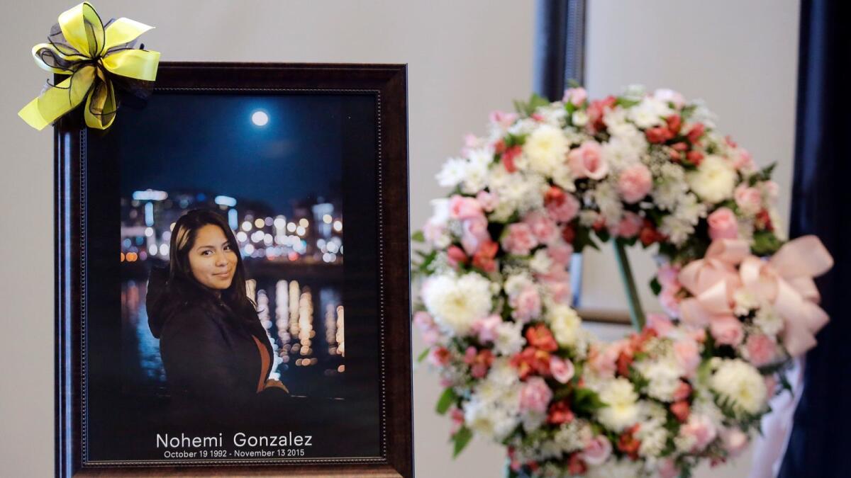 A picture is displayed during a memorial service for California State Long Beach student Nohemi Gonzalez, who was killed by Daesg gunmen in Paris, on Nov. 15, 2015, in Long Beach, California. — AP file