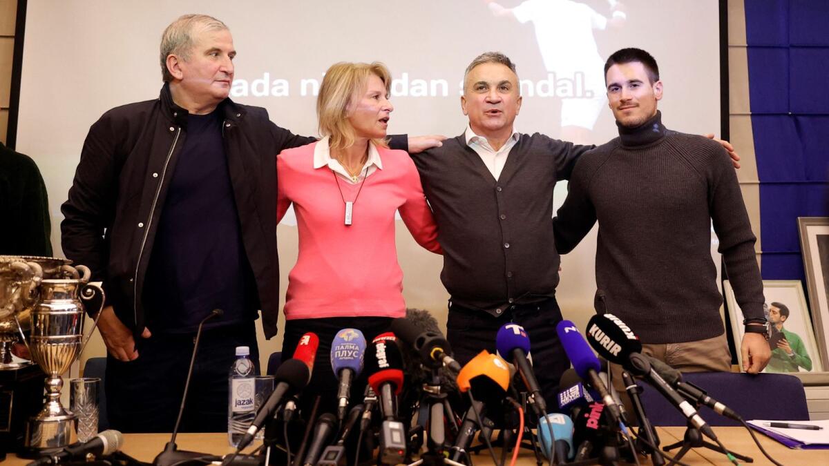 (From left) Novak Djokovic's uncle Goran, mother Dijana, father Srdjan and brother Djordje during a press conference in Belgrade on Monday. (AFP)