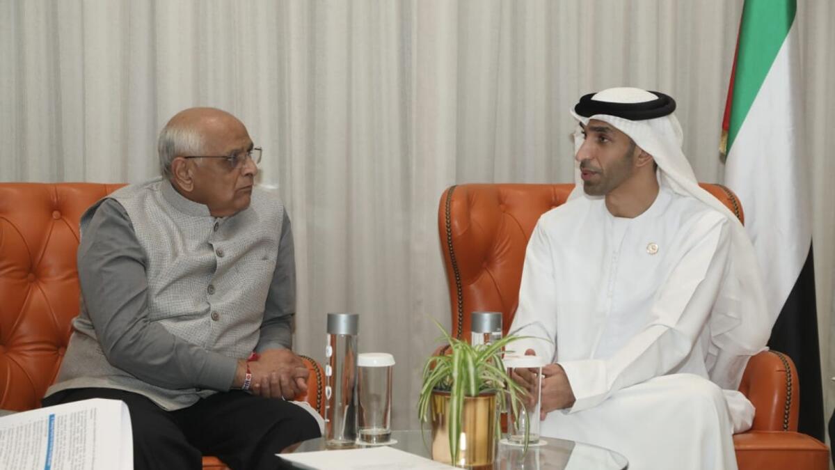 Dr Thani bin Ahmed Al Zeyoudi, UAE Minister of State for Foreign Trade, receives Bhupendra Patel, Chief Minister of Gujarat at World Expo 2020 Dubai on Wednesday. Photo: Supplied