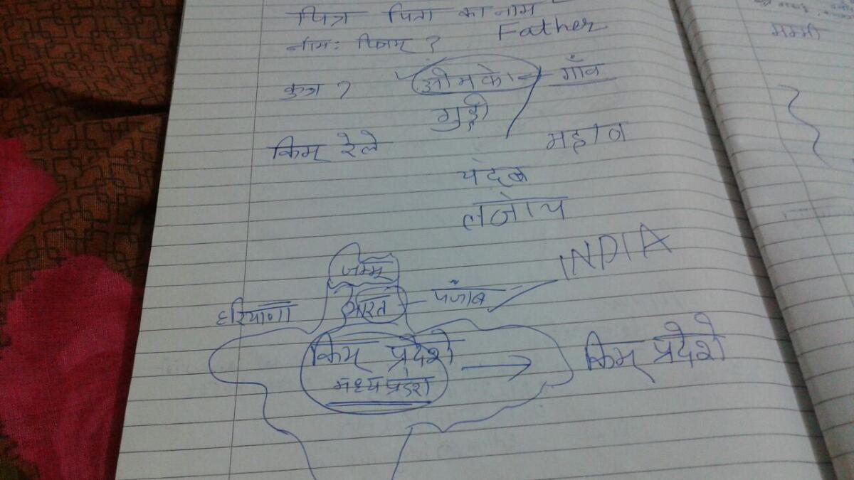 Geeta communicates using sign language and (right) the map and words scribbled on a page in her diary.