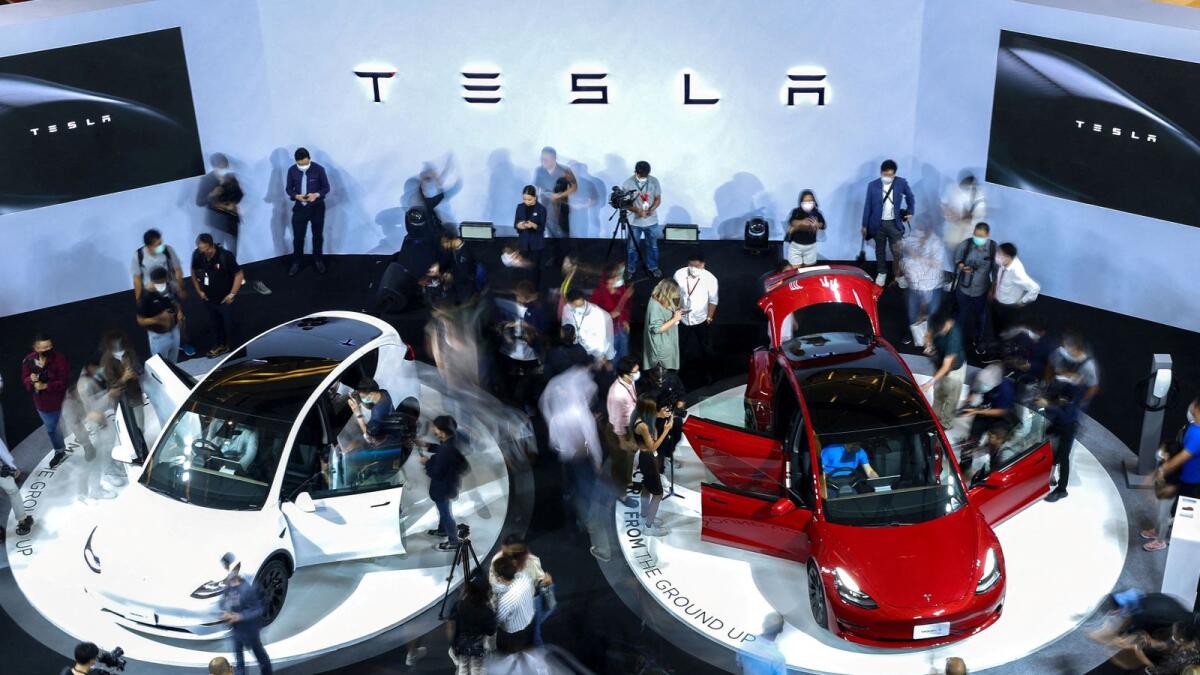 Tesla models Y and 3 during a launch event in Bangkok last month. - Reuters
