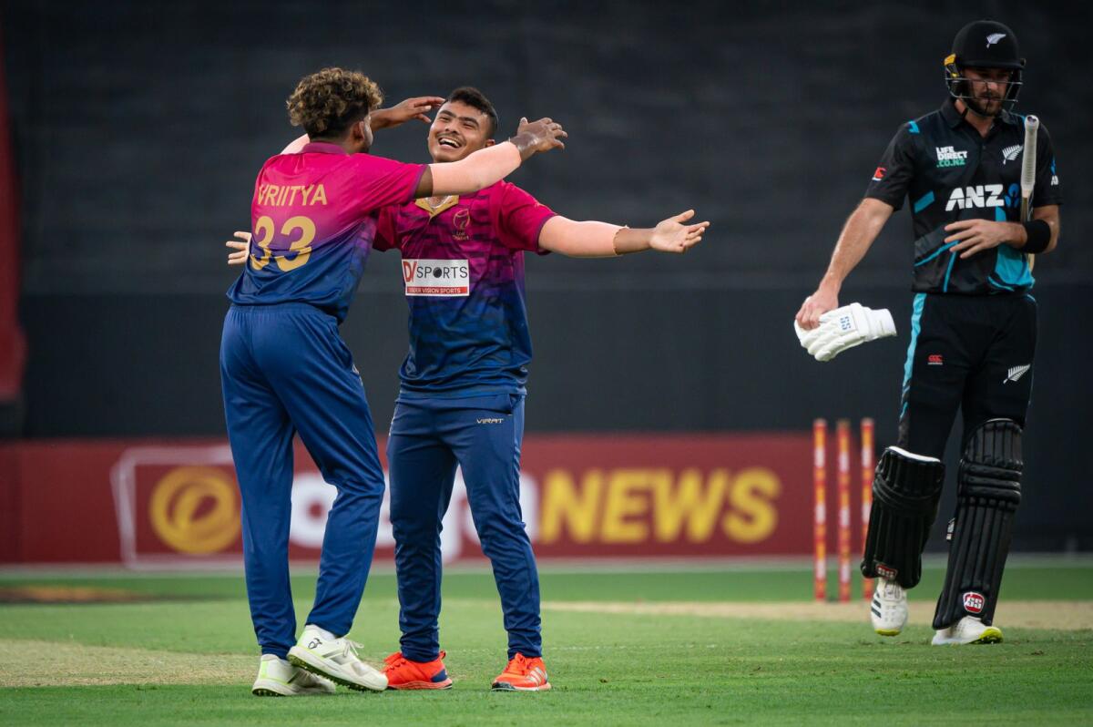 UAE's Aayan Afzal Khan celebrates a wicket against New Zealand on Saturday. — Photos by Neeraj Murali