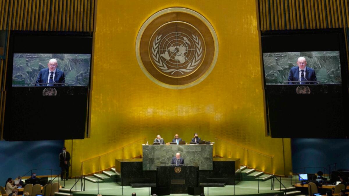Russia's UN Ambassador Vasily Nebenzya addresses the emergency session of the United Nations General Assembly. — AP