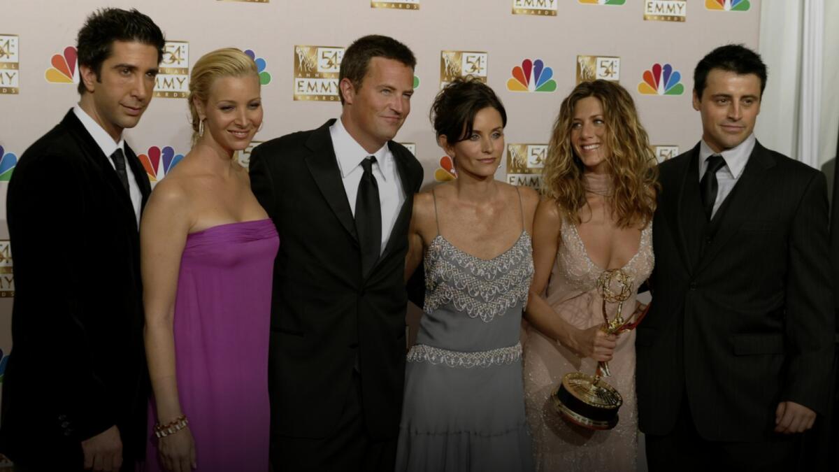 The cast of 'Friends' appears in the photo room at the 54th annual Emmy Awards in Los Angeles in 2002. From the left are, David Schwimmer, Lisa Kudrow, Matthew Perry, Courteney Cox Arquette, Jennifer Aniston and Matt LeBlanc. — Reuters file