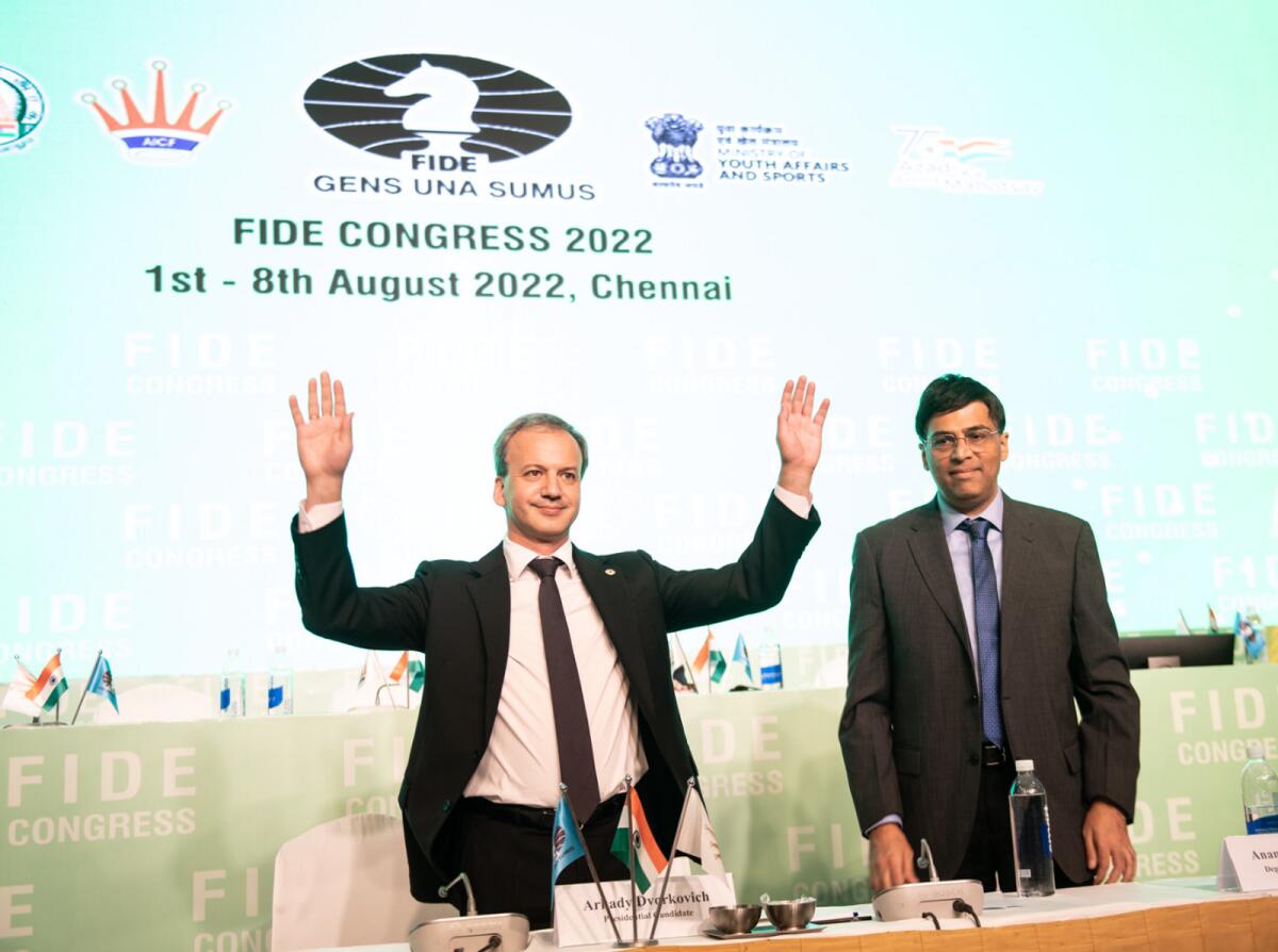 FIDE president Arkady Dvorkovich (left) and Viswanathan Anand. — FIDE