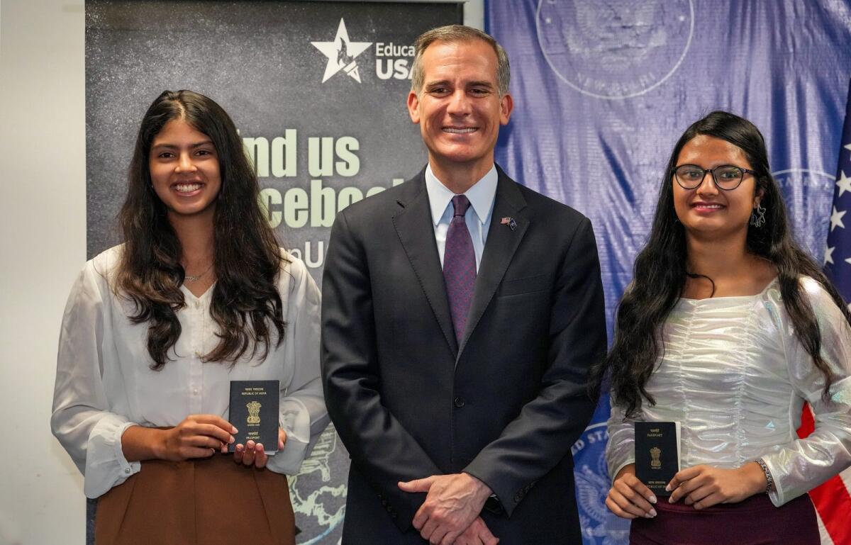 US Ambassador to India Eric Garcetti with visa recipients during the annual Student Visa Day in New Delhi on Wednesday. Photo: PTI