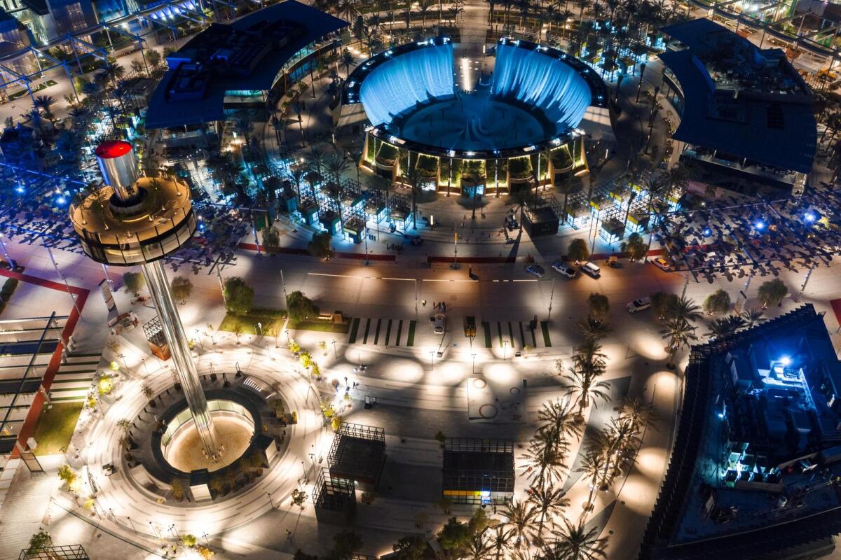 Aerial view of the Garden in the Sky &amp; Water Feature at night, Expo 2020 Dubai. Photo: Supplied
