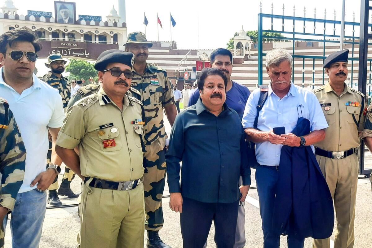 BCCI President Roger Binny and Vice-President Rajeev Shukla arrive to cross the Attari-Wagah border to visit Pakistan for Asia Cup 2023, near Amritsar, Monday, Sept. 4, 2023. Photo: PTI