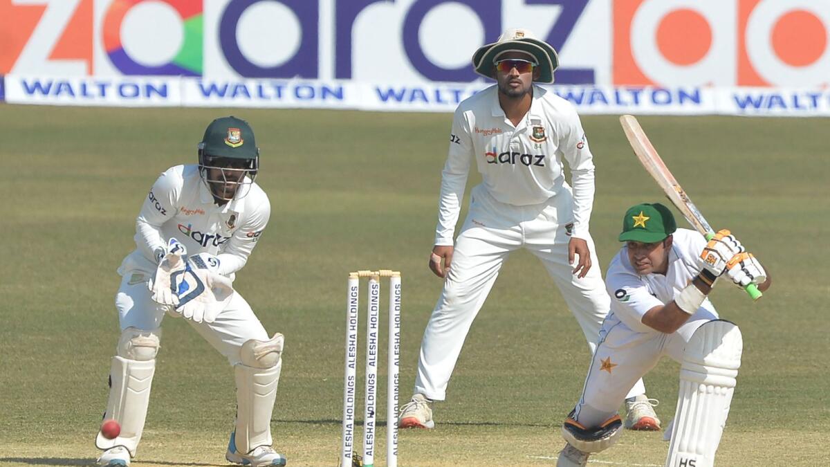 Pakistan's Abid Ali plays a shot during the fifth day of the first Test against Bangladesh. (AFP)