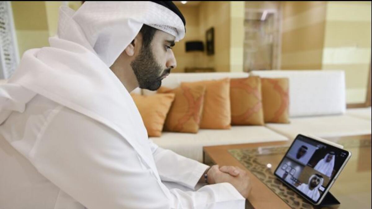 Sheikh Mansoor bin Mohammed bin Rashid Al Maktoum, Chairman of Dubai's Supreme Committee of Crisis and Disaster Management and Chairman of Dubai Sports Council, chairs a remote meeting of the Board of Directors of Dubai Sports Council (Supplied photo)