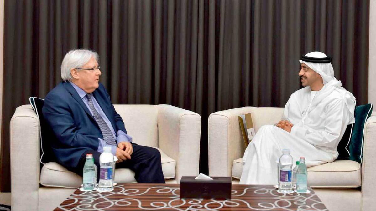 Sheikh Abdullah bin Zayed Al Nahyan, UAE Minister of Foreign Affairs and International Cooperation, on Monday received the UN envoy to Yemen, Martin Griffiths.- Wam