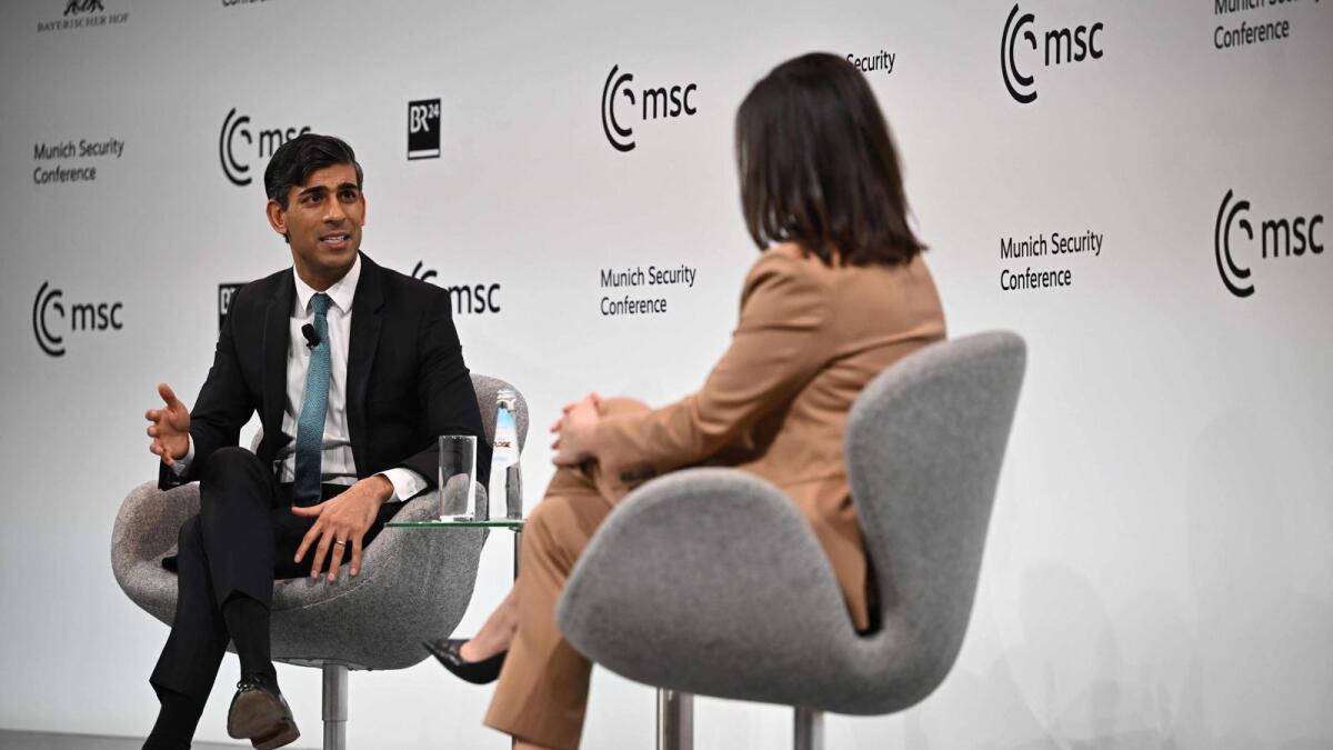 Britain's Prime Minister Rishi Sunak attends a Q&amp;A after his speech at the Munich Security Conference (MSC) in Munich, southern Germany, on Saturday. — AFP