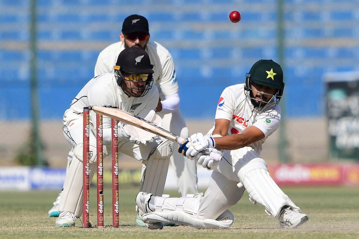 Pakistan's Saud Shakeel plays a shot during the third day of the second Test in Karachi.  — AFP