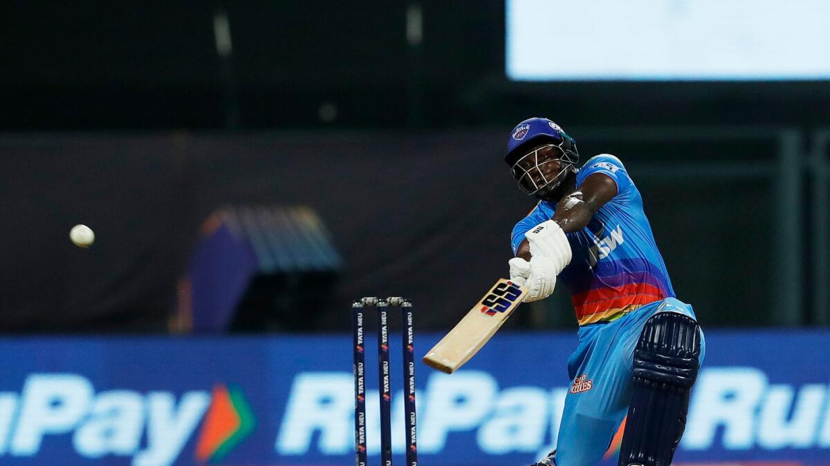 Rovman Powell of the Delhi Capitals plays a shot during the match against the Kolkata Knight Riders. (BCCI)