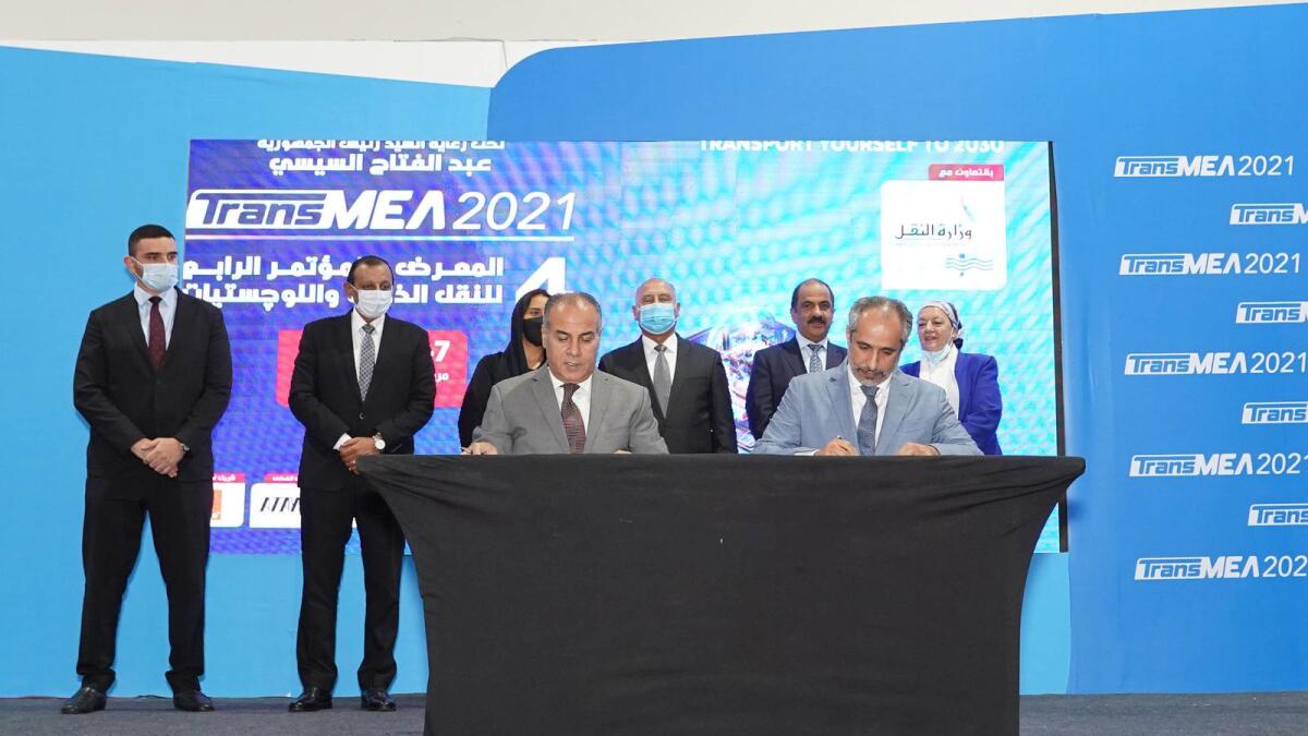 In the presence of Kamel El Wazir, Minister of Transportation in Egypt; Saif Al Mazrouei, head of Ports Cluster, AD Ports Group; and Rear Admiral Abdul Qadir Darwish, chairman of the Egyptian Group for Multipurpose Terminals, sign an MoU to develop and operate multipurpose terminal in Safaga Port. — Supplied photo