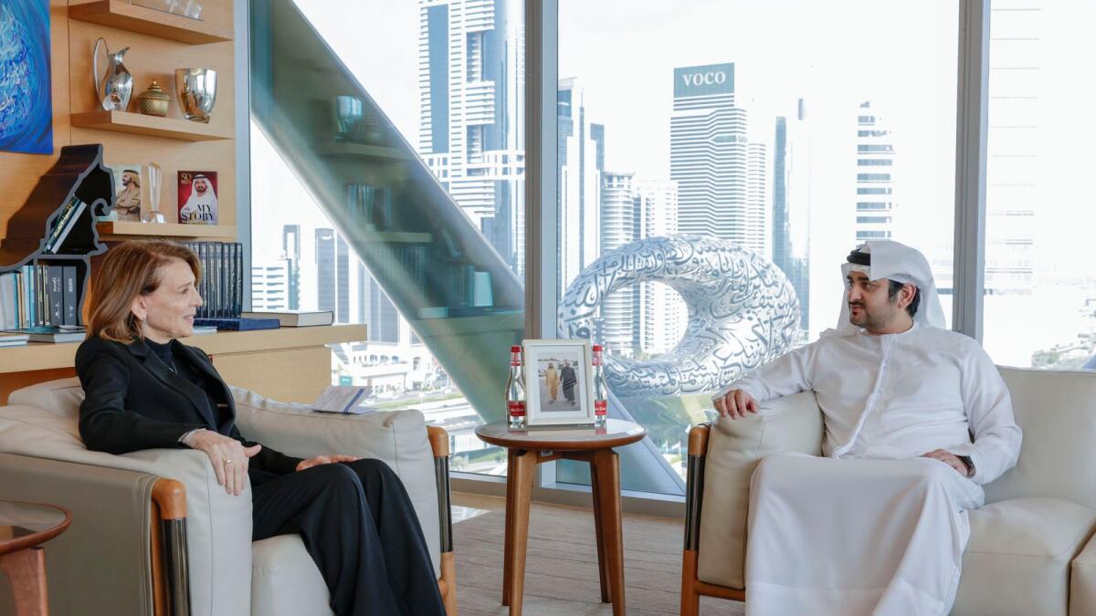 Sheikh Maktoum bin Mohammed with Ruth Porat in Dubai on Sunday. — WAM