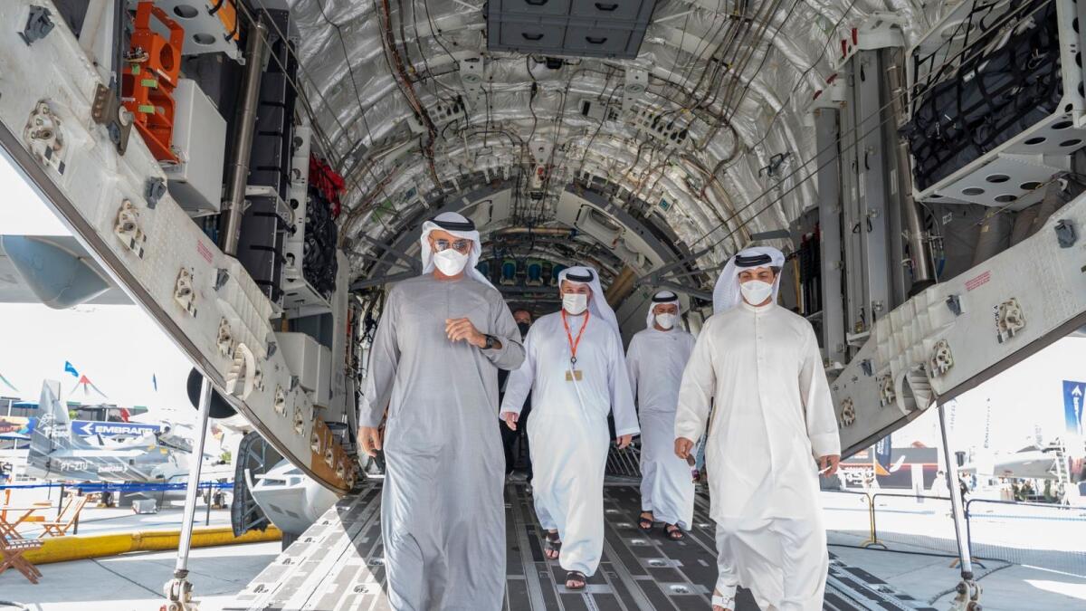 Sheikh Mohamed bin Zayed during a visit to the Dubai Airshow on Thursday. — Wam
