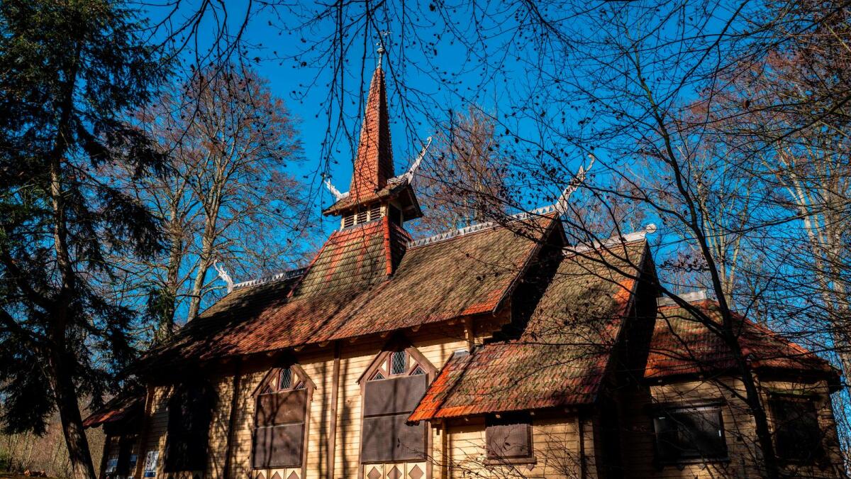 View of the Stabkirche, a stave church built in 1905 as part of the 'Albert House' sanatorium for patients with lung diseases, in a wooded area outside the town of Stiege, Saxony-Anhalt, eastern Germany.