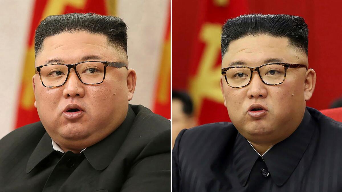 Combination of file photos shows Kim Jong Un at Workers' Party meetings in Pyongyang on Feb 8, 2021, left, and June 15, 2021.