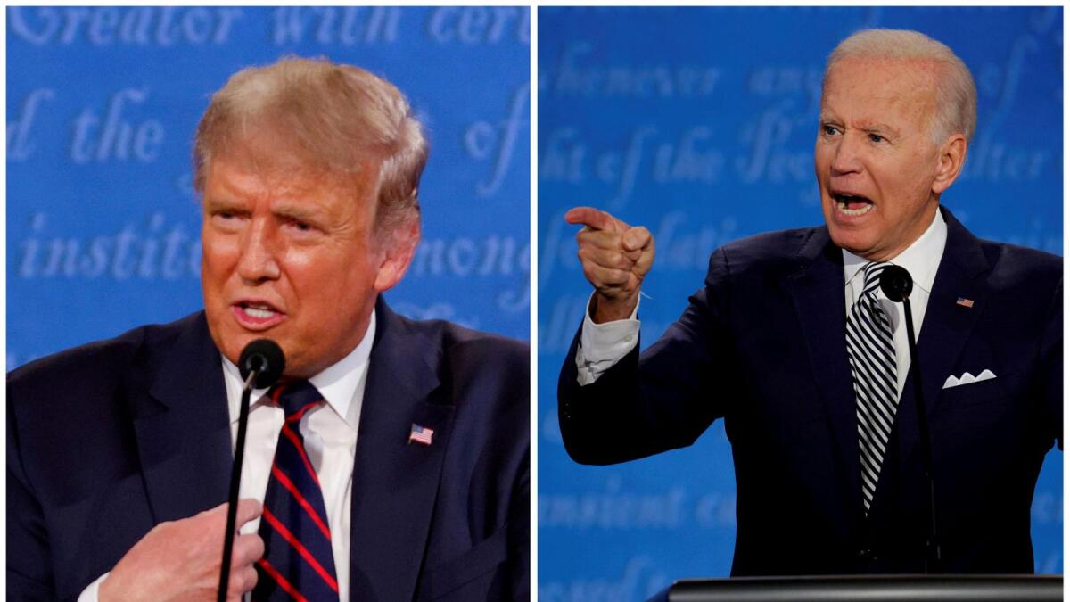 A combination picture shows Trump and Biden speaking during the first 2020 presidential campaign debate, held on the campus of the Cleveland Clinic at Case Western Reserve University in Cleveland. Reuters
