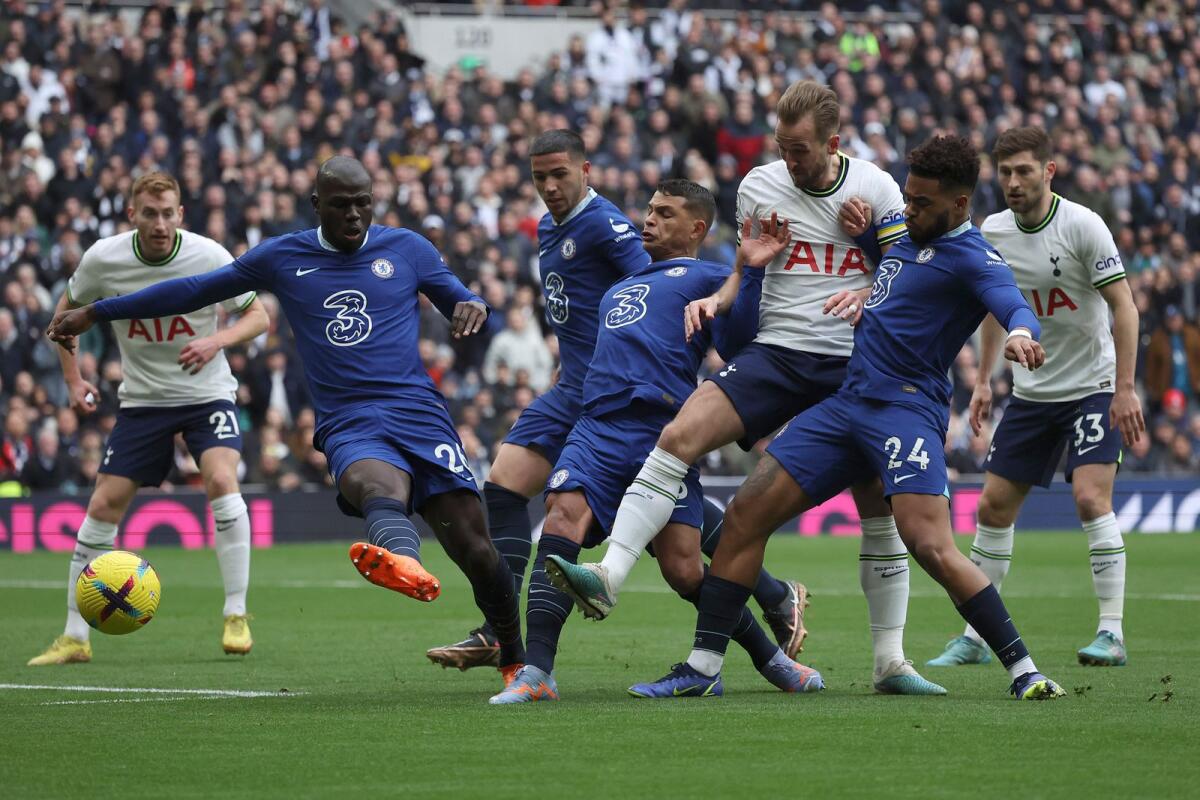 Tottenham's Harry Kane (third from right) during the game against Chelsea on Sunday. — AP