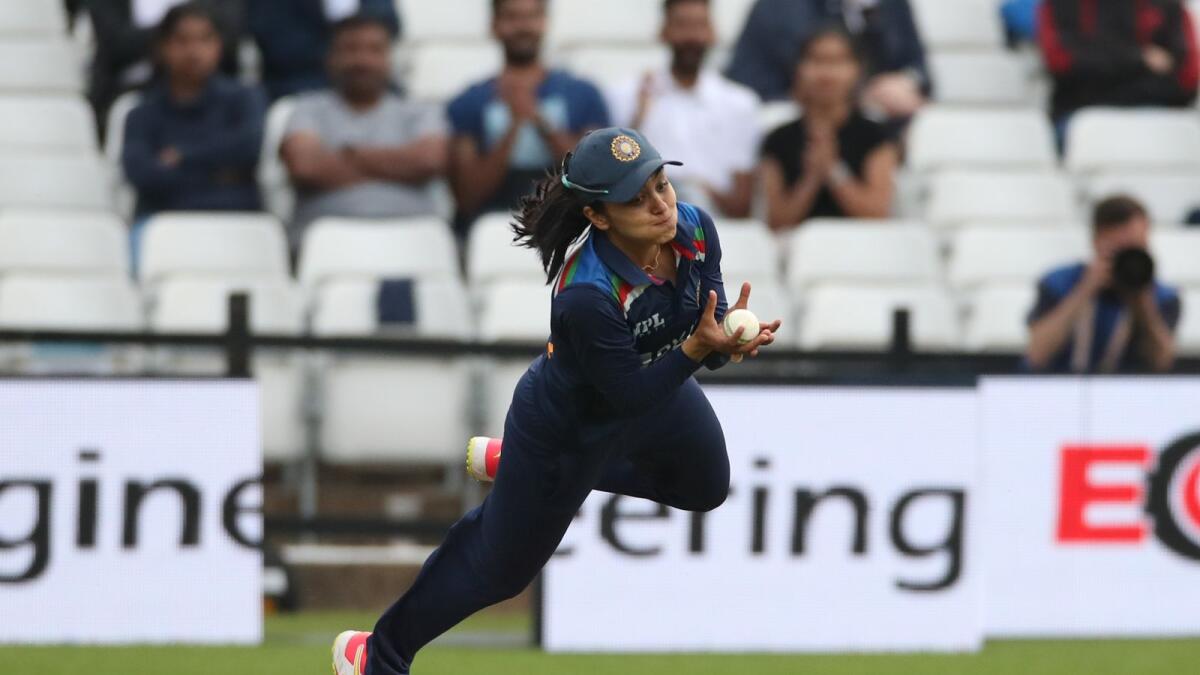 India's Harleen Deol takes an unbelievable catch during the T20 match against England. — Reuters