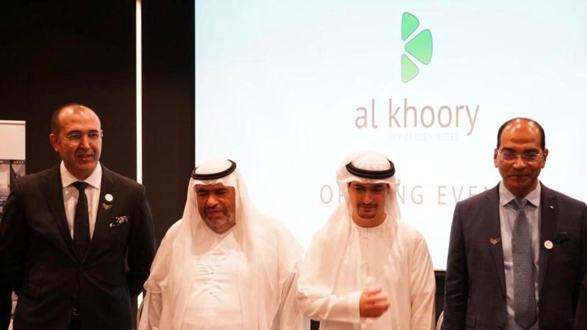 Abdullah Khoory, Vice-Chairman of Al Khoory Group (2nd from left) along with Arun Kumar, General Manager of Al Khoory Hotels, announces the opening of Al Khoory Sky Garden Hotel in Port Saeed Area of Deira in Dubai on November 27. Supplied photo