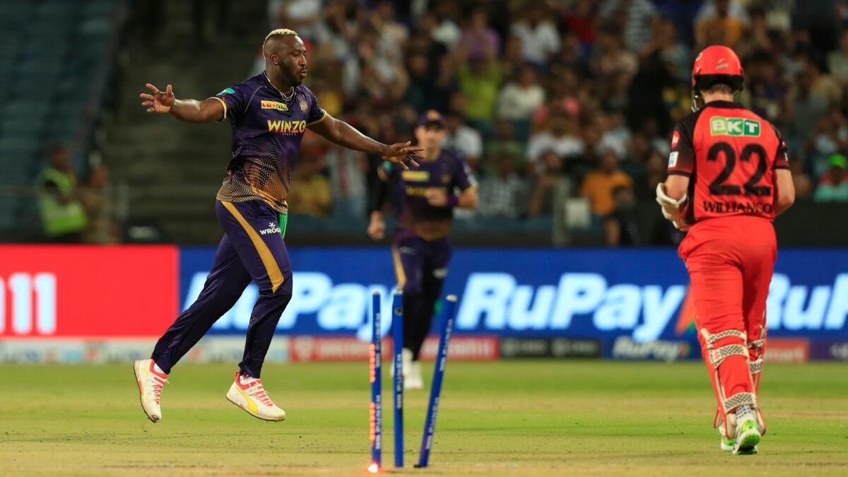 Andre Russell of the Kolkata Knight Riders celebrates the wicket of Kane Williamson. (BCCI)