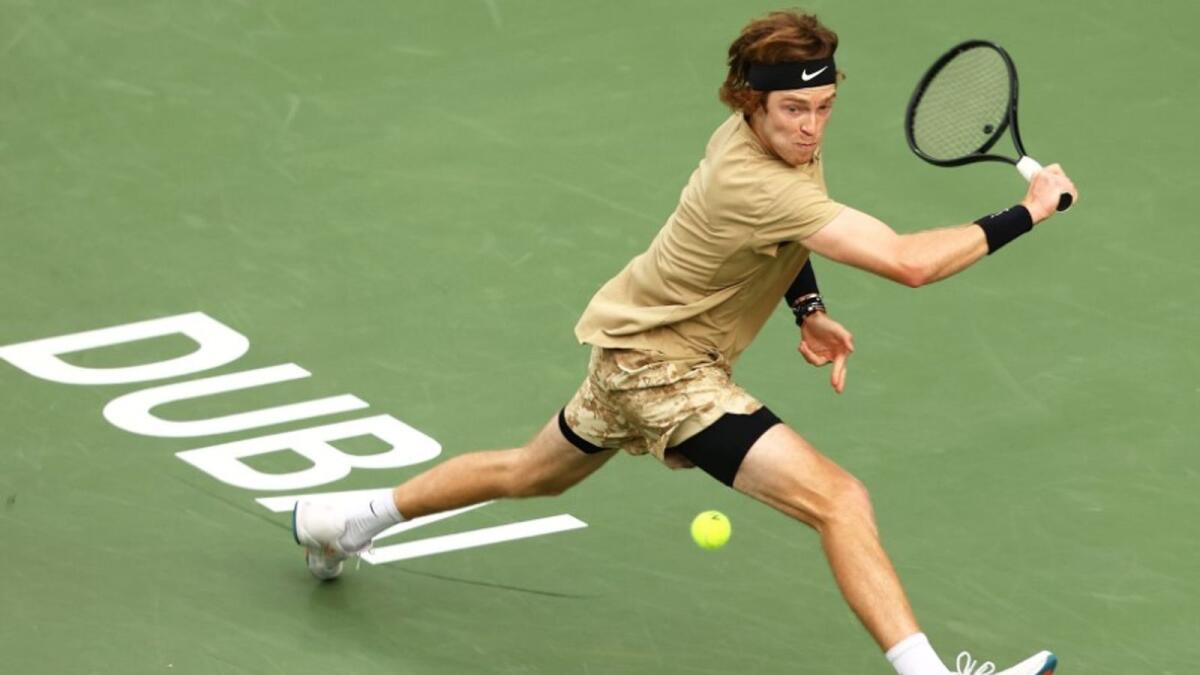 Andrey Rublev hits a backhand return at the Dubai Duty Free Tennis Championships on Tuesday. (ATP Twitter)