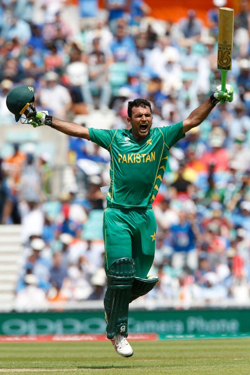 Photo: Pakistan's Fakhar Zaman celebrates after scoring a century (100 runs) during the ICC Champions Trophy final cricket match between India and Pakistan at the Oval in London in June 18, 2017. AFP